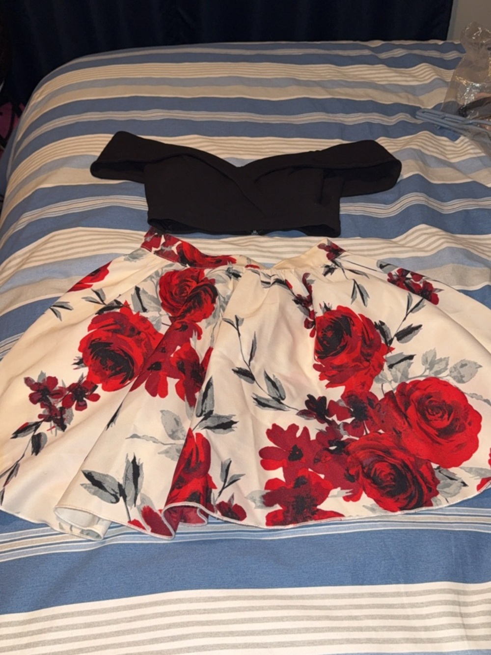 Xtraordinary Black Crop Top with White Skirt & Red Rose Print Mini Dress